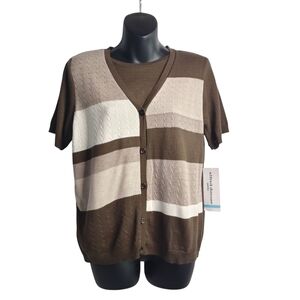 Alfred Dunner Womens Brown Striped Cardigan Sweater Short Sleeve Button PL NWT
